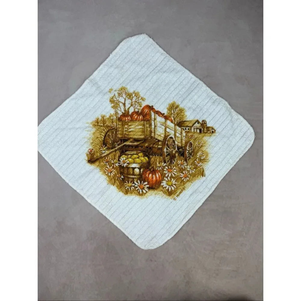 Vintage Hand Towel and Washcloth Set 1970s MCM Franco Pumpkin Wagon